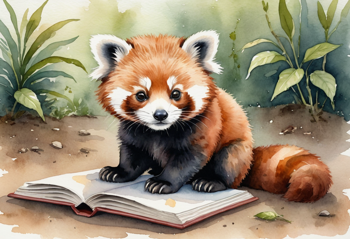 Bramble the red panda, reading a book in a tree stump library