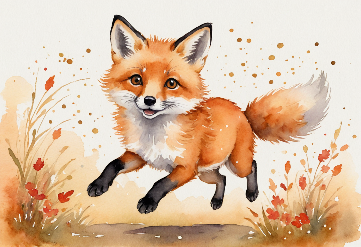 Fable the fox kit jumping with excitement