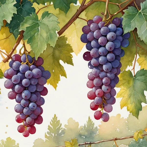 Watercolor illustration of a fox looking up at purple grapes on a vine